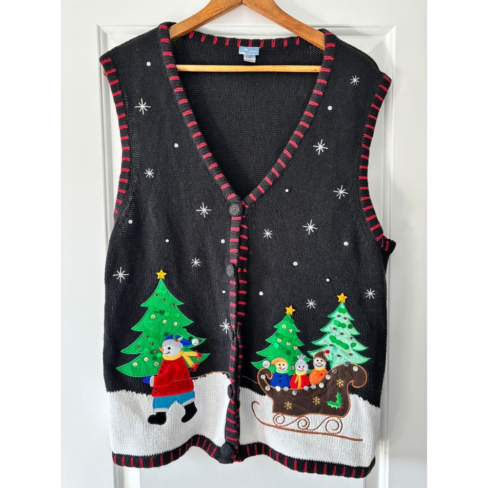 Holiday Editions Sweater Vest Womens XL Black Christmas Snowman Ugly Party Vest